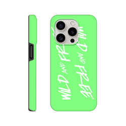 Neon green iPhone case featuring vertical white Wild and Free Y2K slogan text. Tough protective phone cover with bold wraparound print design.