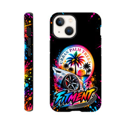 Vibrant Fitment iPhone case featuring a modified car, rainbow palm trees, and "Urban Palm Trees" text against colorful paint splatters on black.