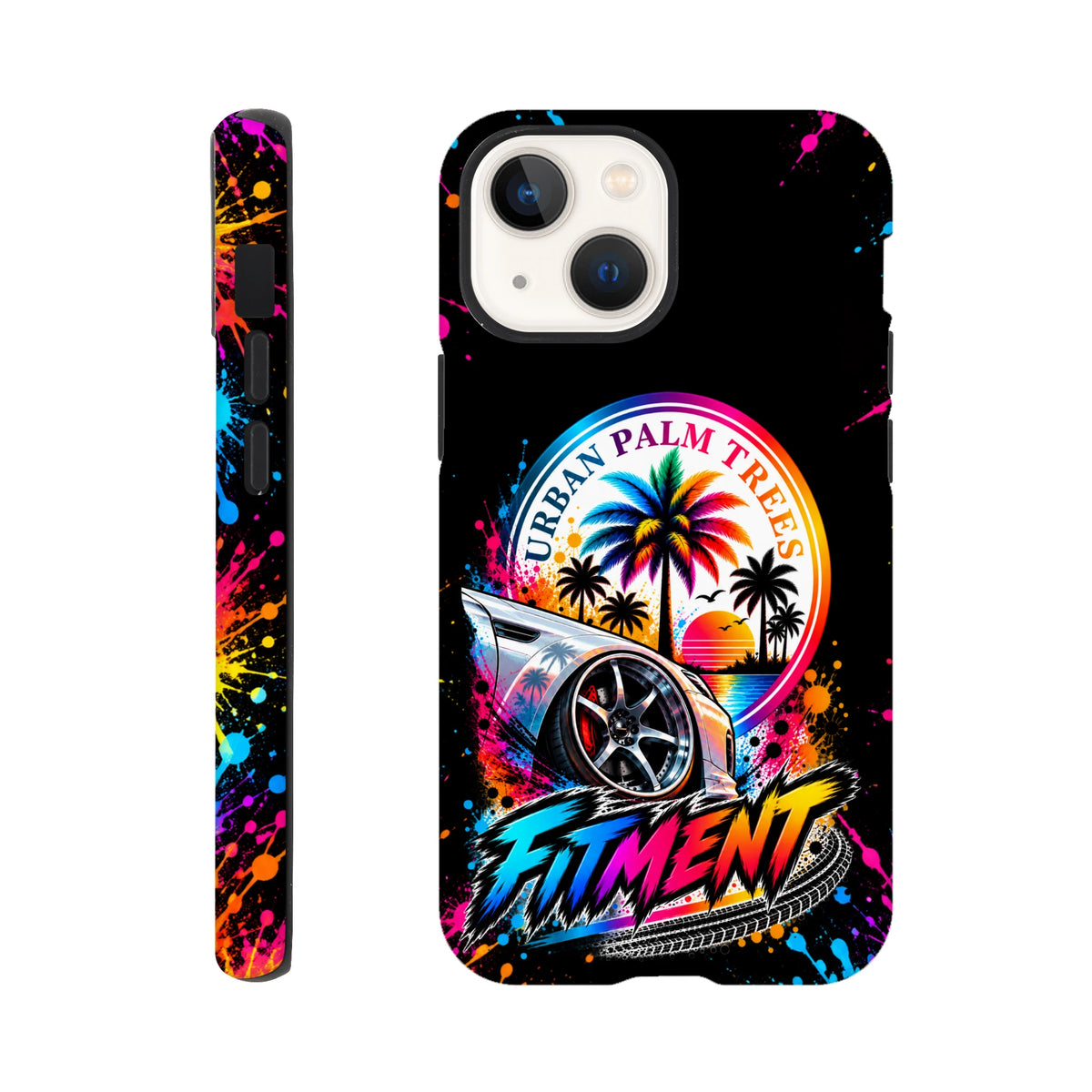 Vibrant Fitment iPhone case featuring a modified car, rainbow palm trees, and "Urban Palm Trees" text against colorful paint splatters on black.