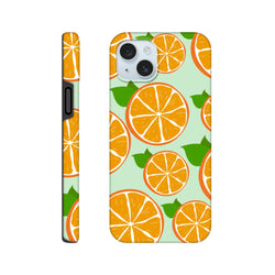 Orange slice-pattern iPhone case for iPhone 13–16 with mint-green background and rugged, drop-proof bumper.