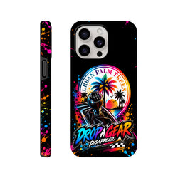 Tough iPhone case featuring a manual gear shift, Urban Palm Trees sunset, and colorful paint splatters for modified car culture.