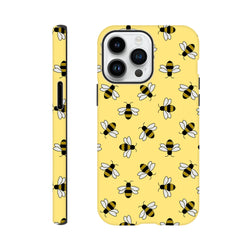 Yellow iPhone case featuring a repeating cute bumble bee pattern with black, white, and yellow stripes on a bright yellow background.
