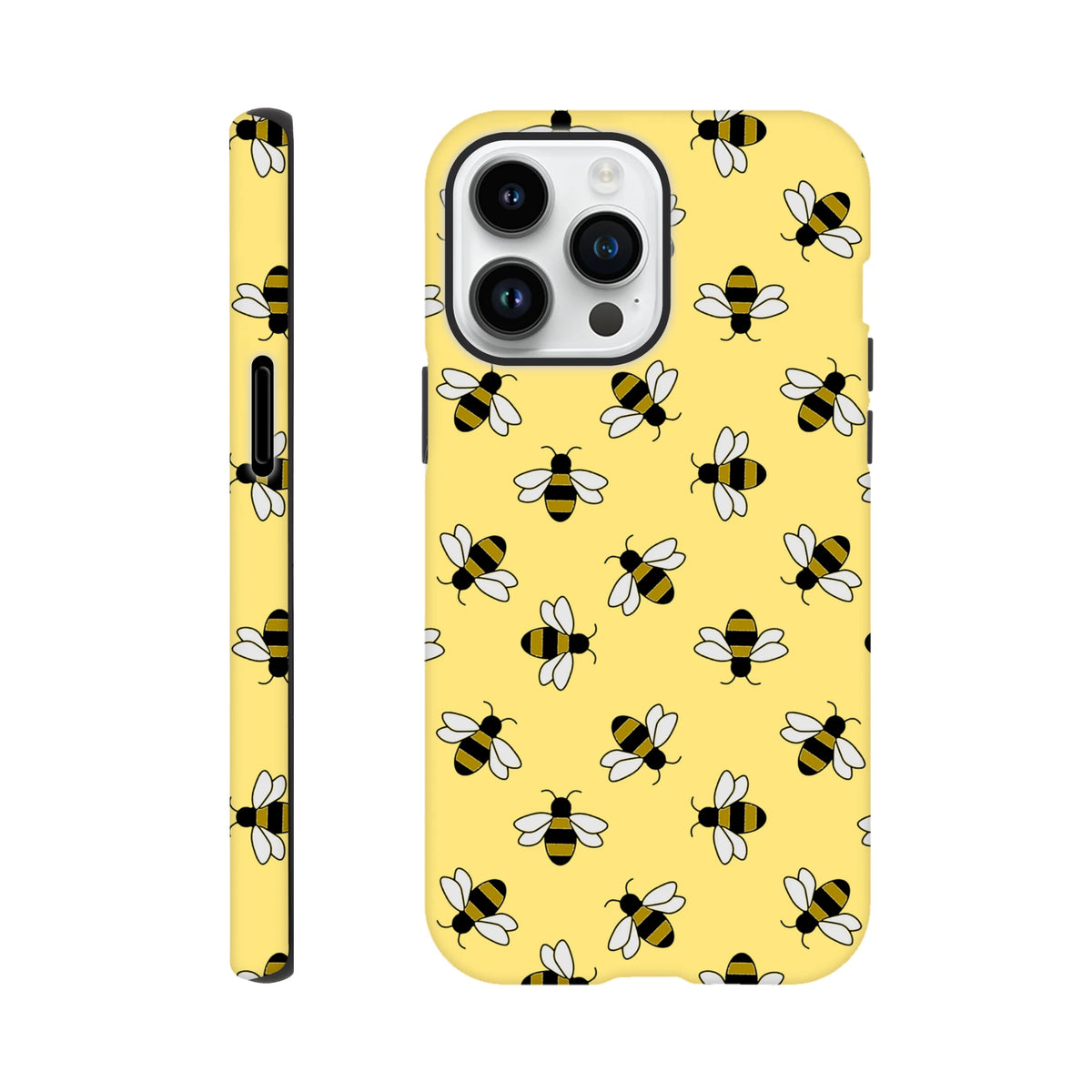 Yellow iPhone case featuring a repeating cute bumble bee pattern with black, white, and yellow stripes on a bright yellow background.