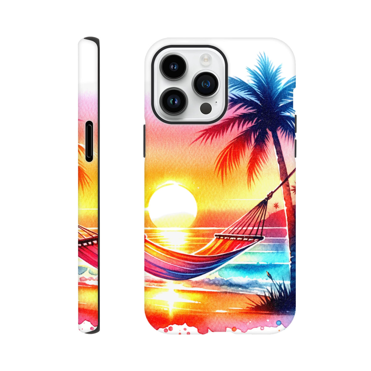 Vibrant tropical sunset iPhone case featuring a palm tree and hammock design. Tough protection with colorful watercolor ocean view art for daily carry.