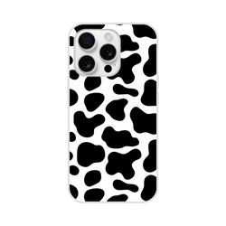 Black and white cow-print iPhone case for iPhone 13–16 with cute Y2K animal design.