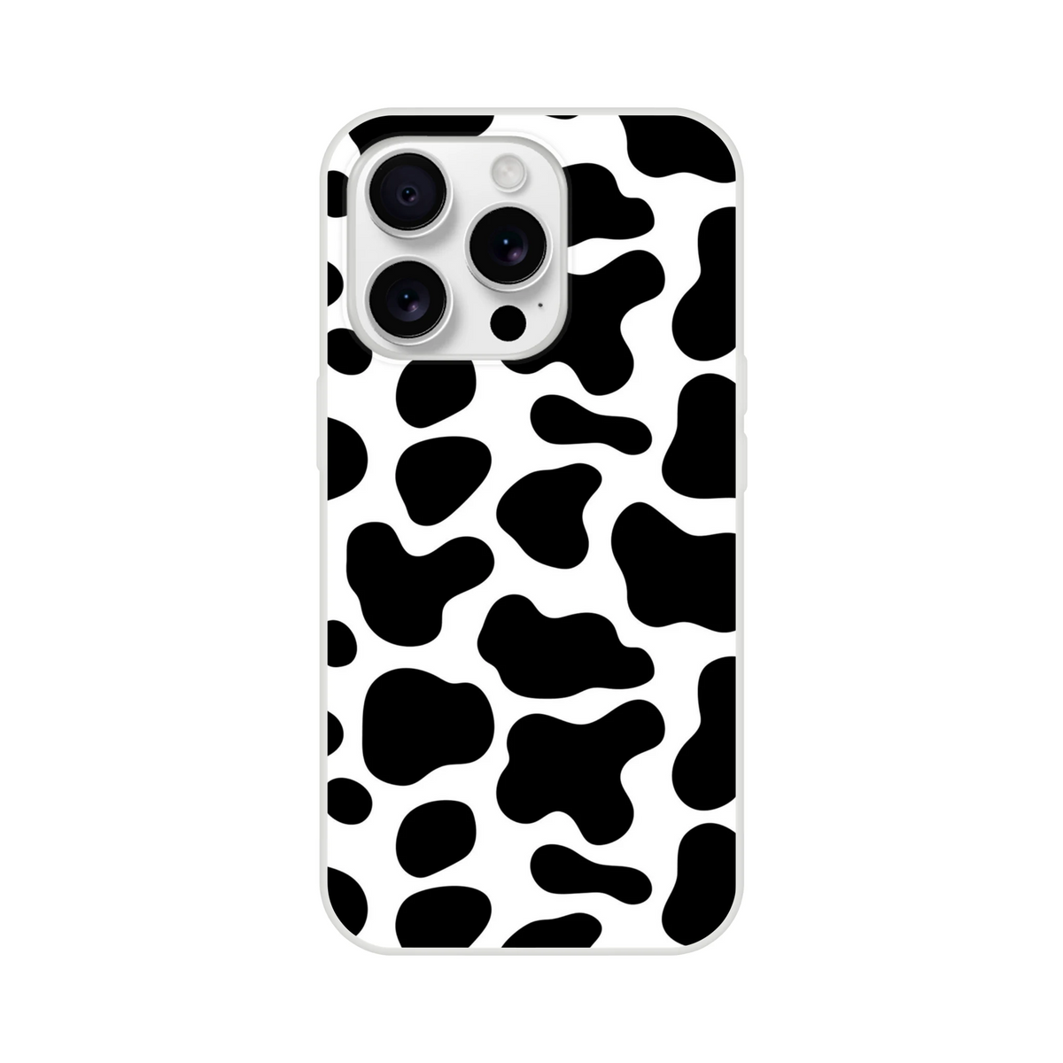 Black and white cow-print iPhone case for iPhone 13–16 with cute Y2K animal design.