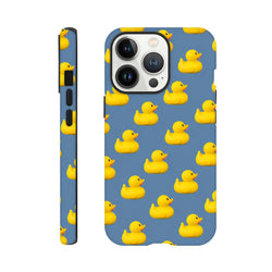 Blue tough iPhone case featuring a repeating pattern of cute yellow rubber ducks for a kawaii streetwear look.