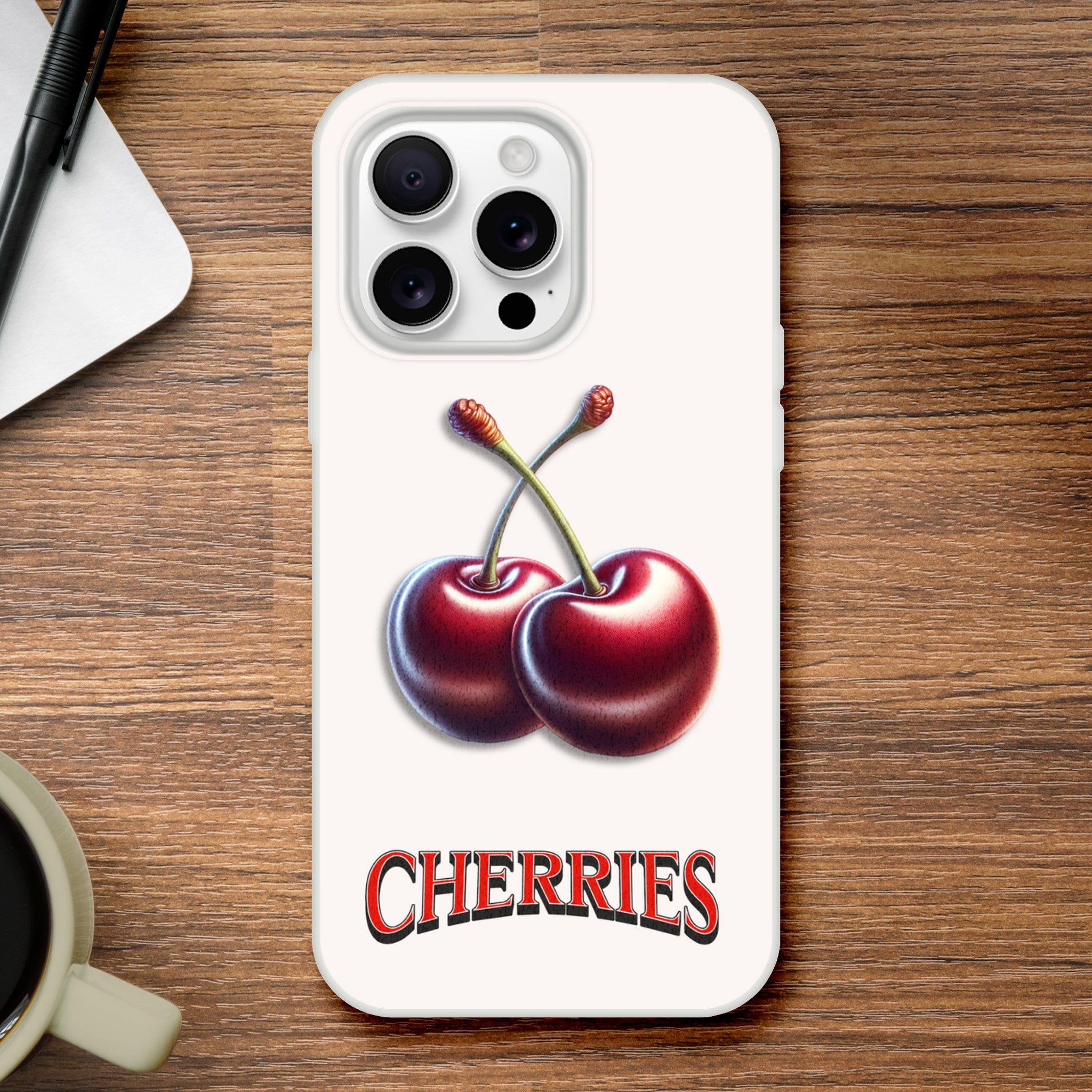 Cherry iPhone Case slim protective cover with two cherries and CHERRIES text on white background for iPhone 16–13.