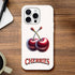 Cherry iPhone Case slim protective cover with two cherries and CHERRIES text on white background for iPhone 16–13.