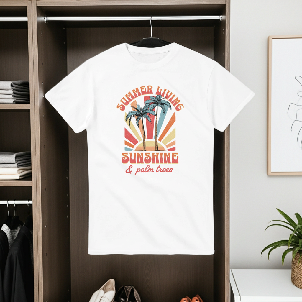 White t-shirt with a colorful graphic design hanging in a wardrobe.