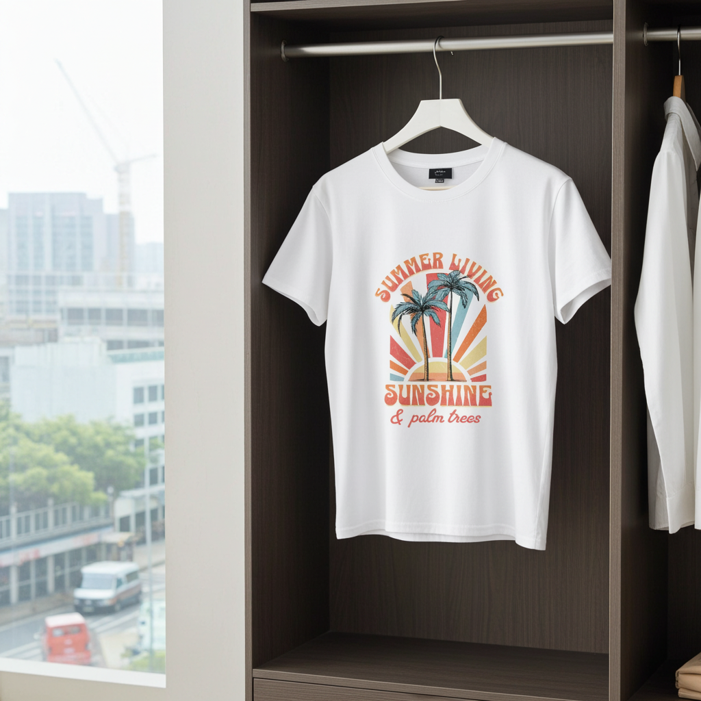 White t-shirt with 'Summer Living Sunshine & Palm Trees' design hanging in a wardrobe.