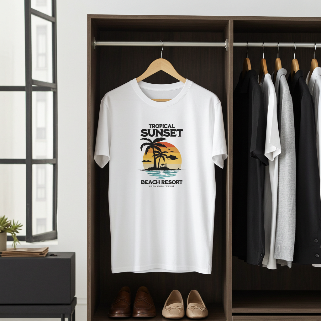 White t-shirt with a tropical sunset design hanging in a wardrobe.