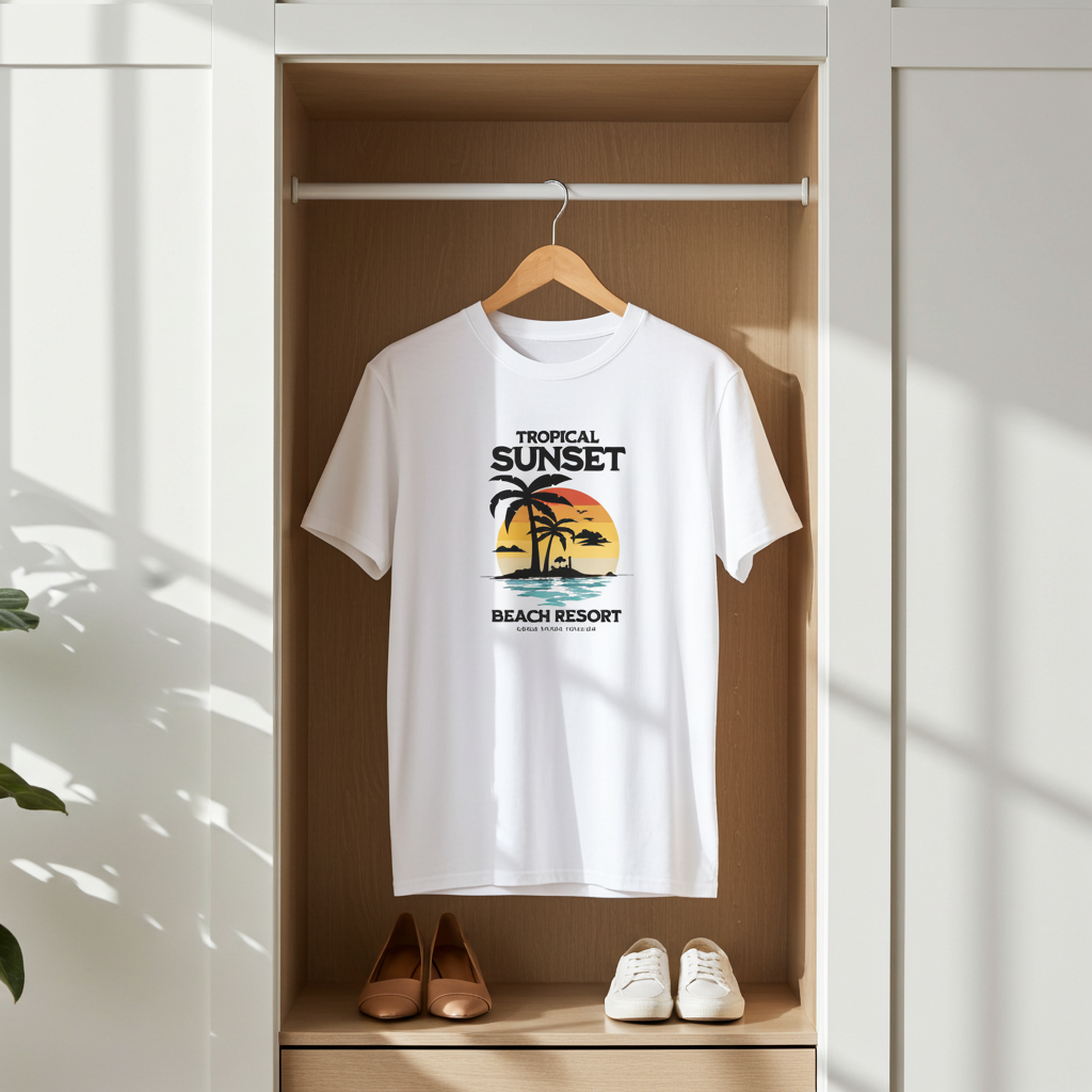 White t-shirt with a tropical sunset design hanging in a wooden wardrobe.