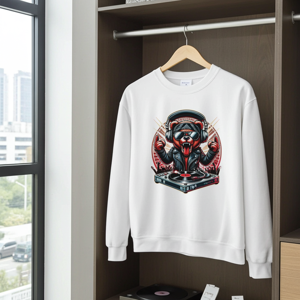 White sweatshirt with a graphic design of a bear dj on a hanger in a room with a window view.
