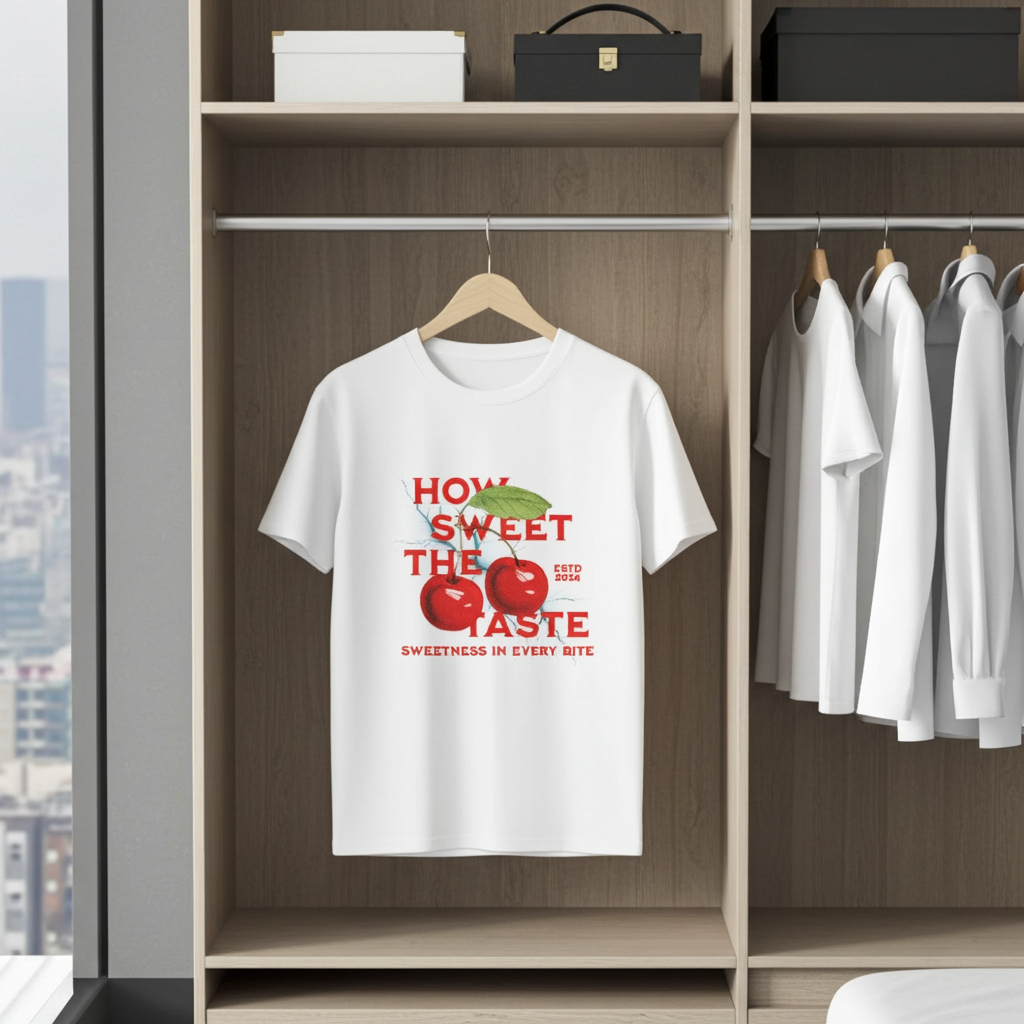 White t-shirt with red and green graphic design hanging in a wardrobe.