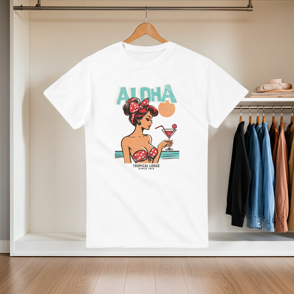 White t-shirt with a graphic design of a woman holding a cocktail and 'Aloha' text, hanging in a wardrobe.