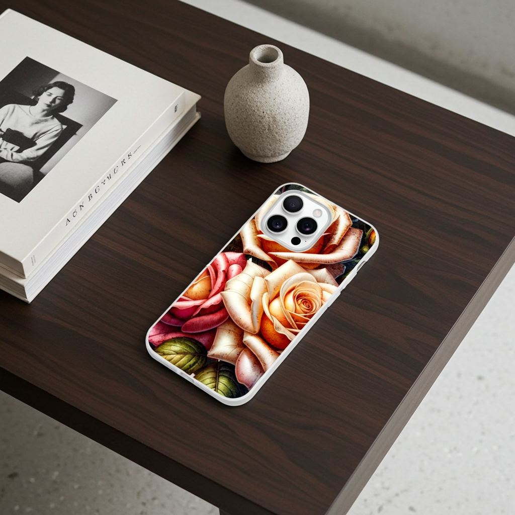 Phone case with floral design on a wooden table