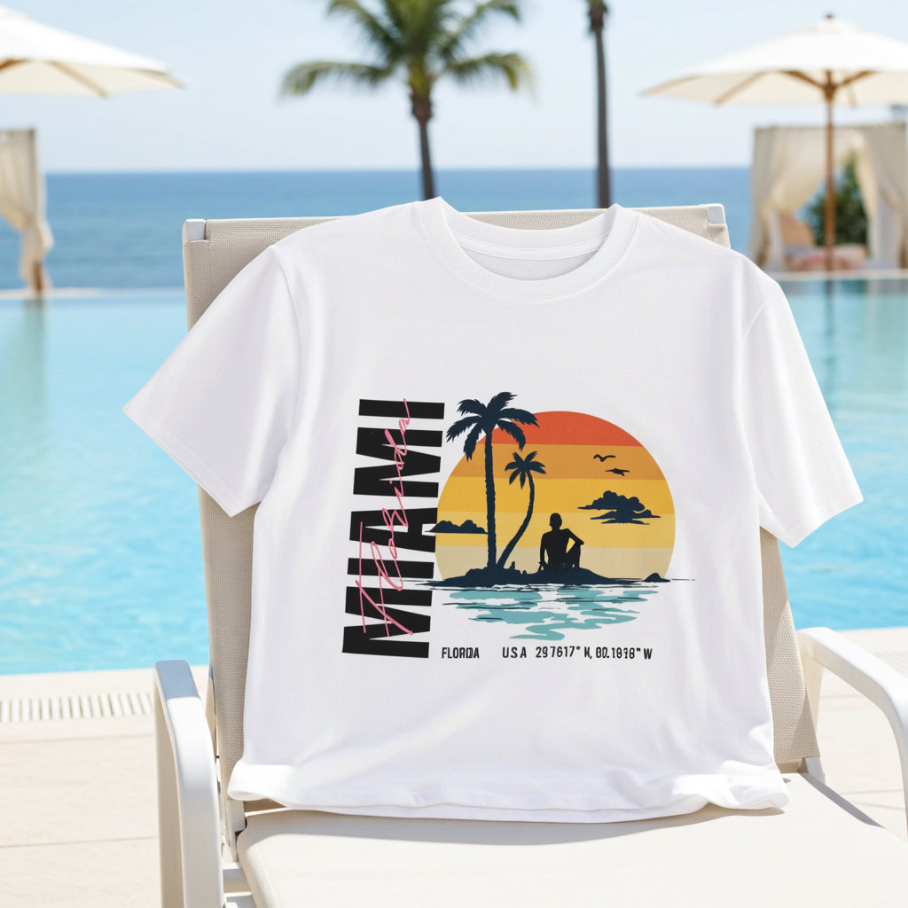 White t-shirt with a tropical graphic design on a lounge chair by a pool with palm trees and blue sky.