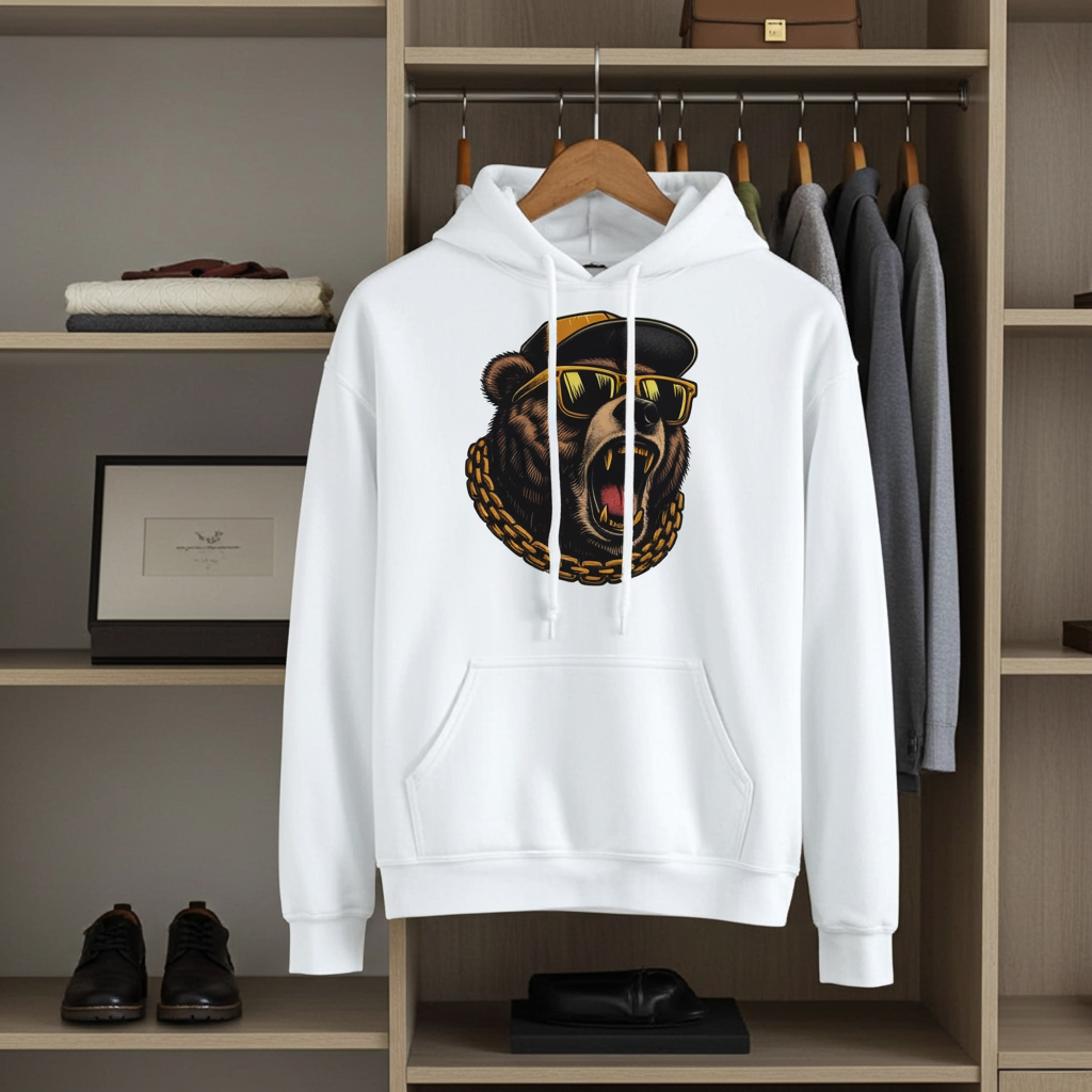 White hoodie with a bear graphic on a hanger in a wardrobe setting