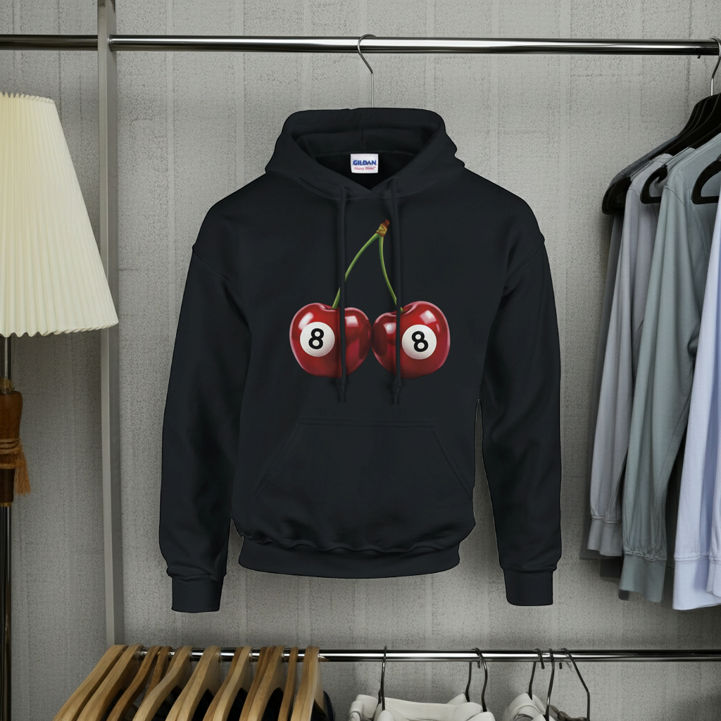 Black hoodie with cherry design featuring number 8 on hangers against a gray wall.