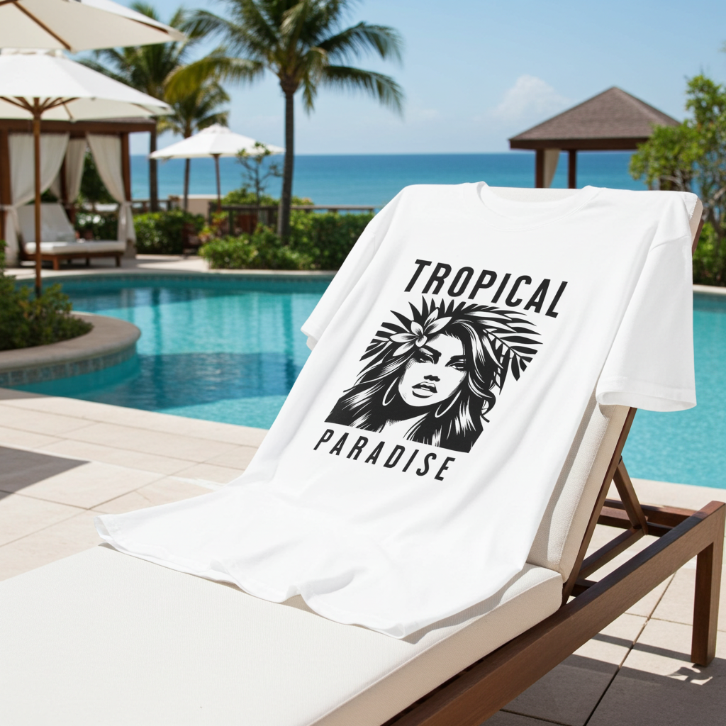 White T-Shirt with 'Tropical Paradise' design on a lounge chair by a poolside.