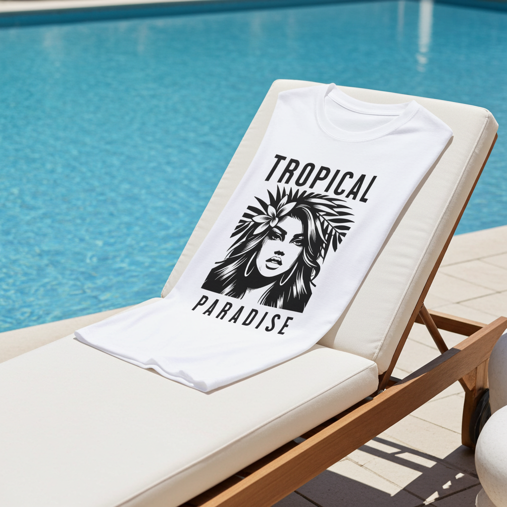White T-Shirt with 'Tropical Paradise' design on a lounge chair by a pool