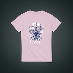 Pink t-shirt with floral design and text on a dark gray background