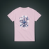 Pink t-shirt with floral design and text on a dark gray background