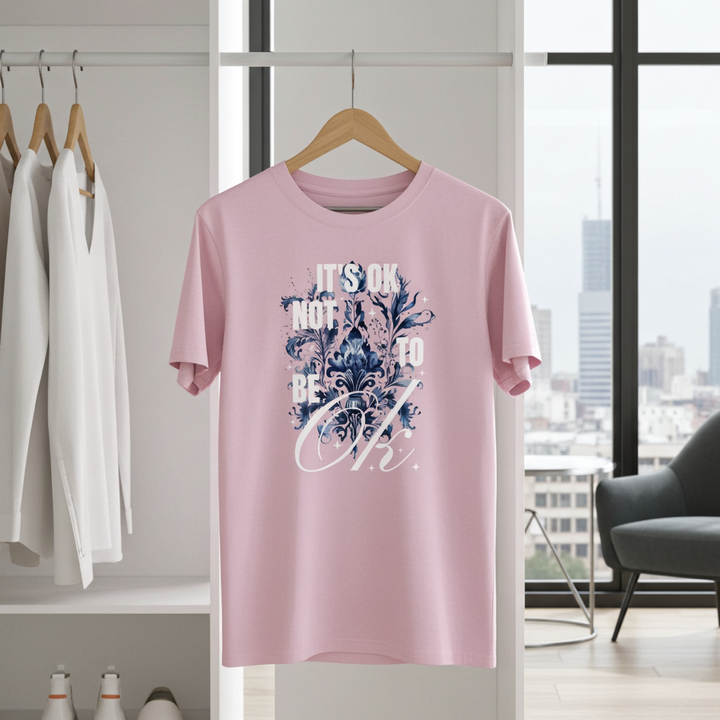 Pink t-shirt with floral design and text hanging on a wooden hanger in a room with white walls and a cityscape view.