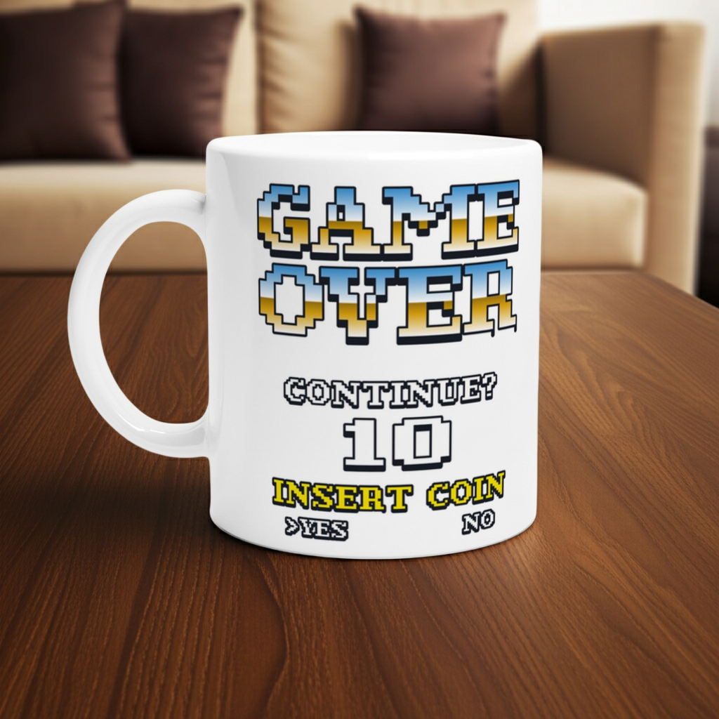 90's Arcade Mug by Urban Palm Trees with pixel art GAME OVER and INSERT COIN on glossy white ceramic.