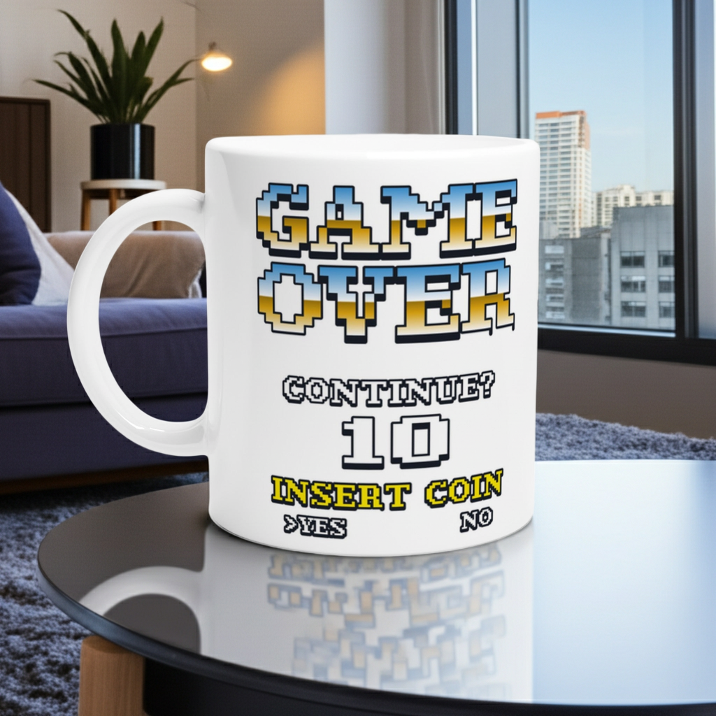 Urban Palm Trees 90s arcade mug with pixelated GAME OVER text on glossy white ceramic.