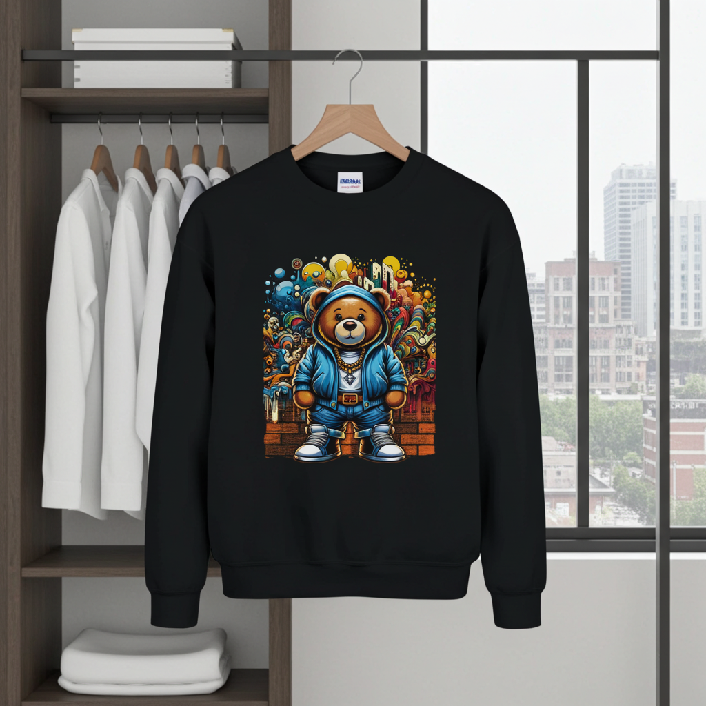 Black sweatshirt with a colorful bear graphic on a hanger in a room with clothes and a window view.