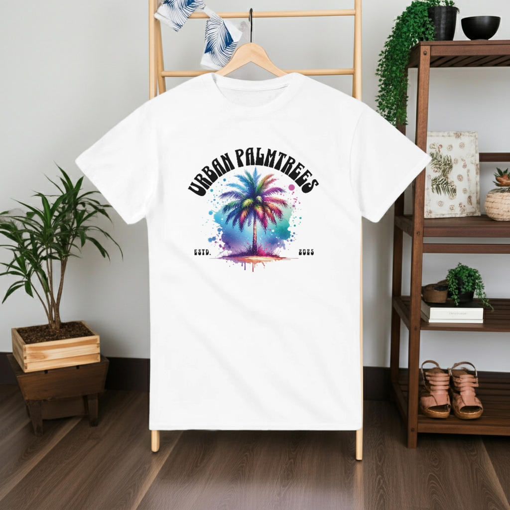 White t-shirt with colorful palm tree design and 'Urban Palm Trees' text on a hanger against a home decor background.