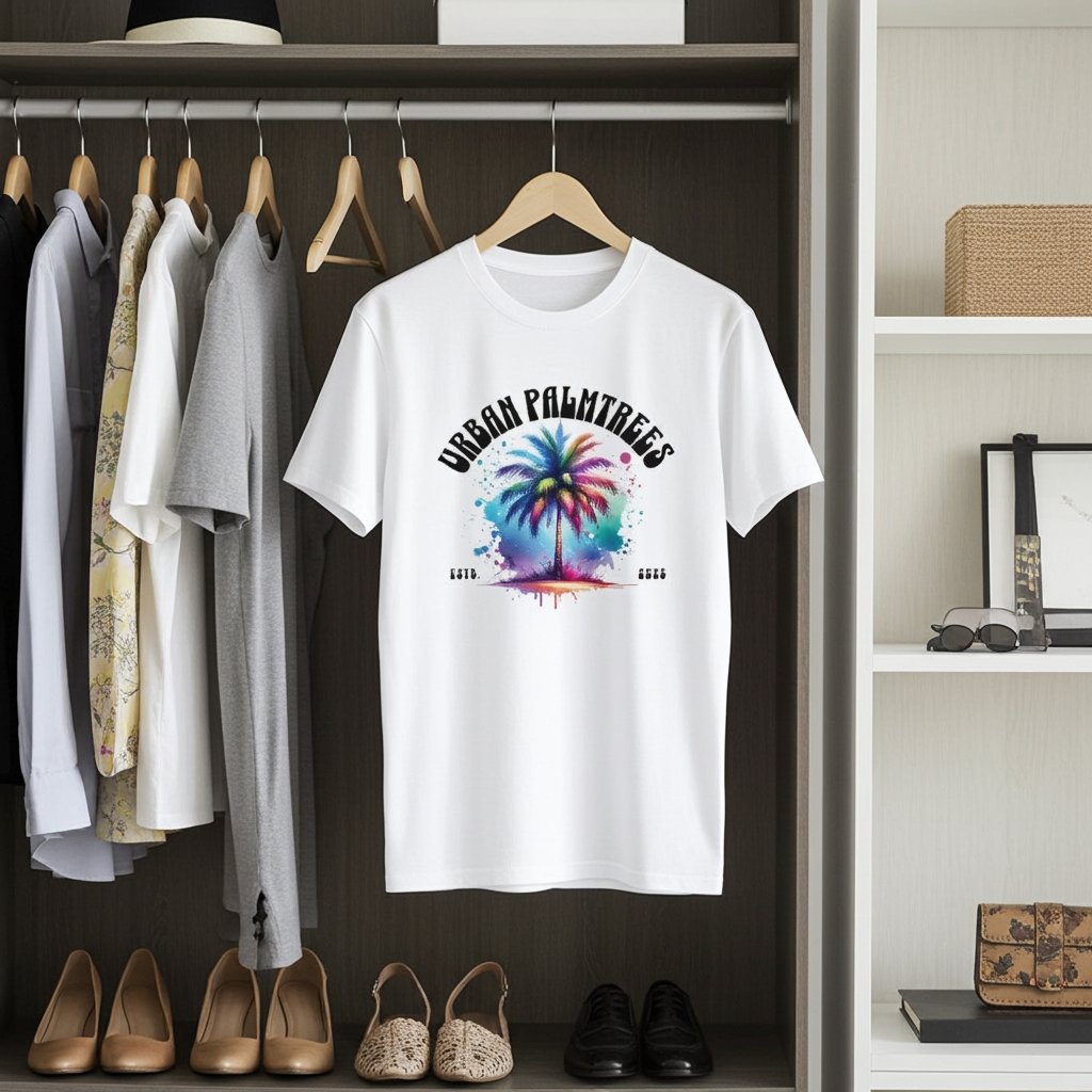 White t-shirt with colorful palm tree design hanging in a wardrobe with clothes and shoes.