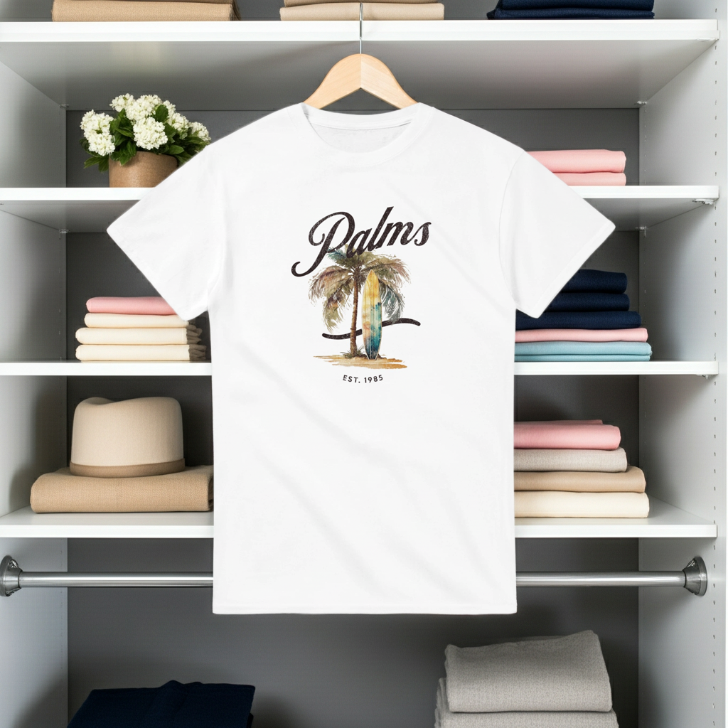 White t-shirt with 'Palms' design hanging on a rack with folded clothes in the background