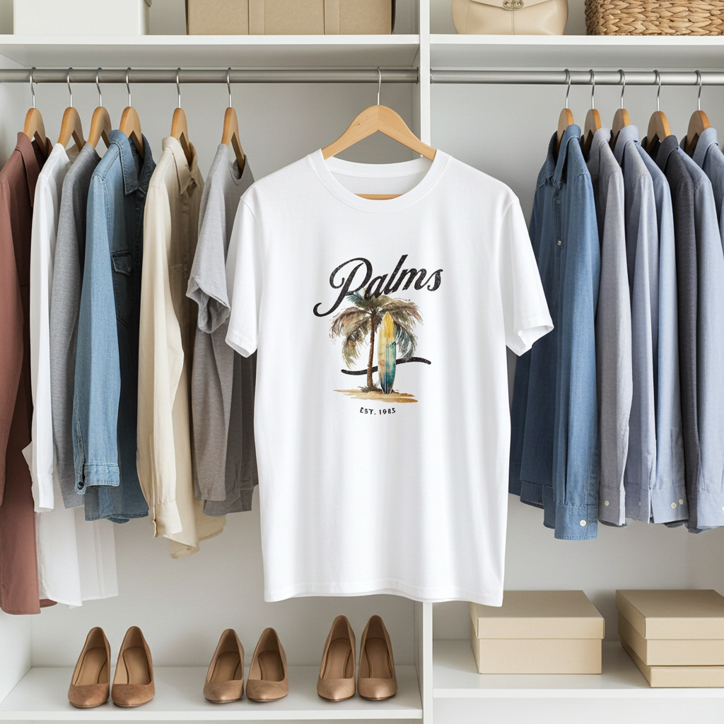 White t-shirt with palm tree design hanging in a wardrobe with clothes and shoes below.