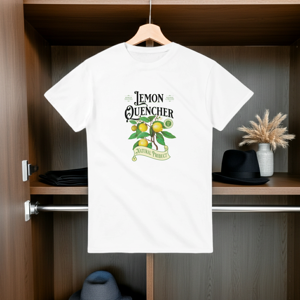 White t-shirt with lemon-themed design hanging in a wardrobe.