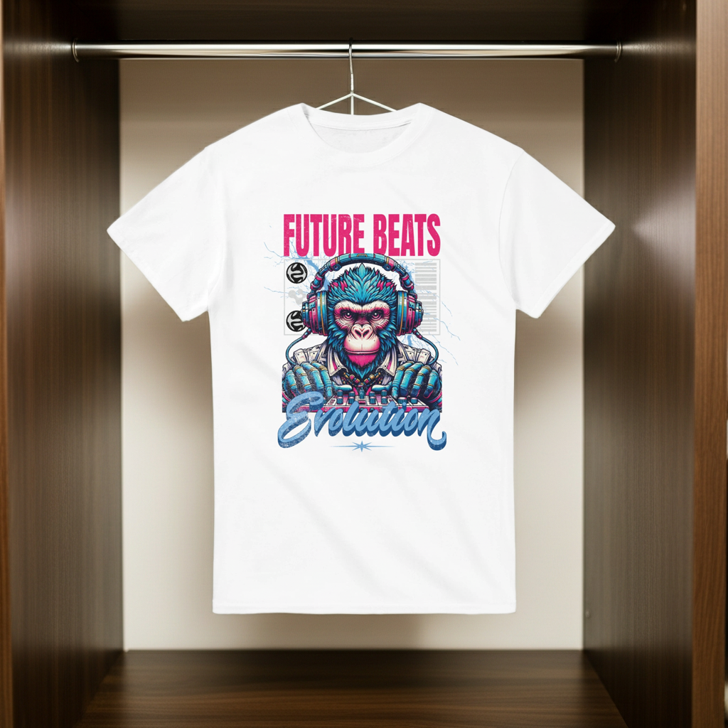 White t-shirt with a colorful monkey graphic and 'Future Beats' text hanging on a rack.