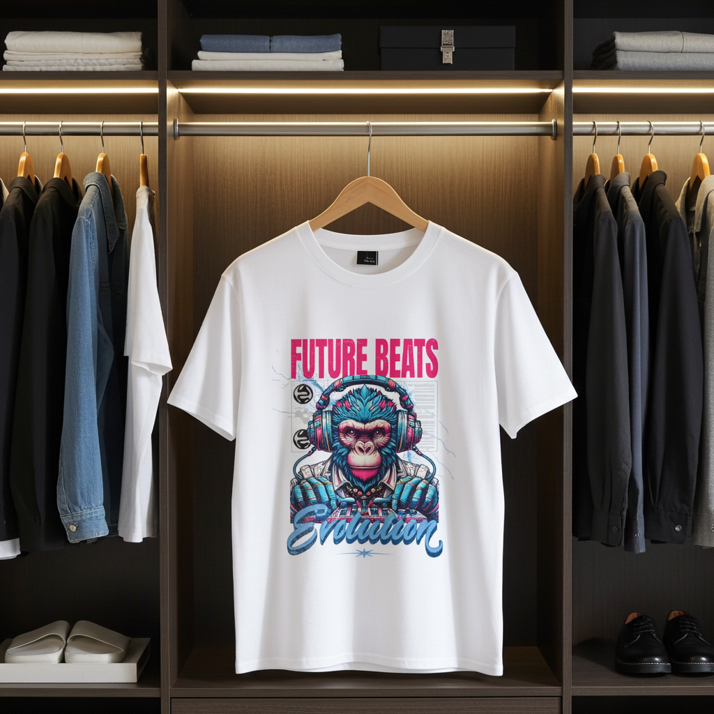 White t-shirt with monkey graphic and 'Future Beats' text hanging in a wardrobe.