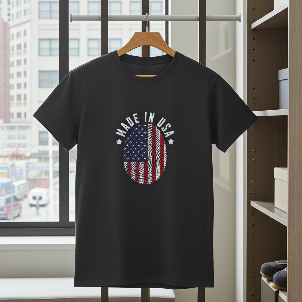 Black t-shirt with 'Made in USA' graphic on a hanger in a room with a window view.