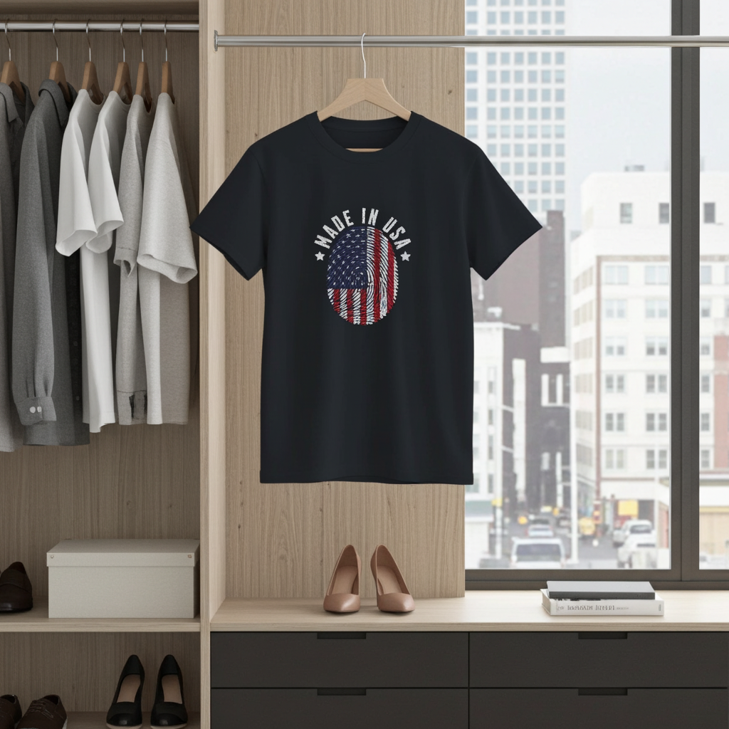 Black t-shirt with 'Made in USA' design hanging in a room with cityscape view