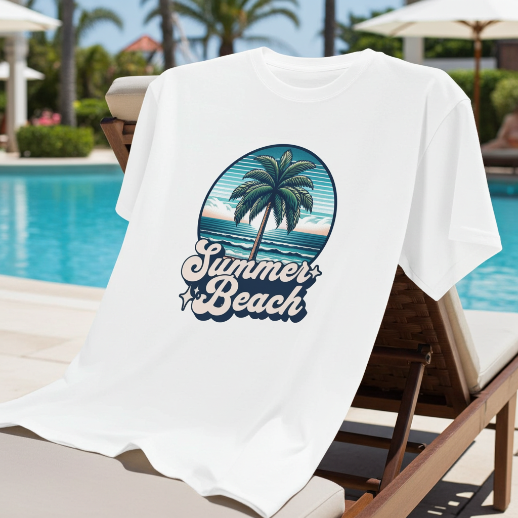 White T-Shirt with 'Summer Beach' design draped over a lounge chair by a pool.