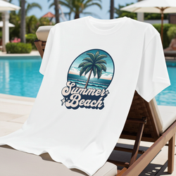 White T-Shirt with 'Summer Beach' design draped over a lounge chair by a pool.