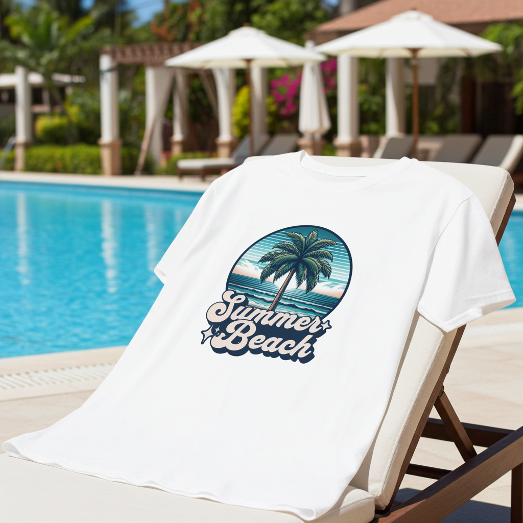 White t-shirt with 'Summer Beach' design on a lounge chair by a pool