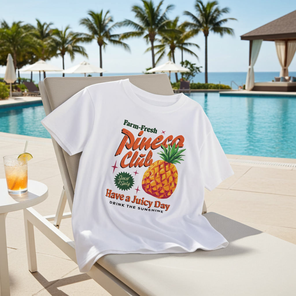 White t-shirt with Pineco Club graphic on a lounge chair by a poolside.