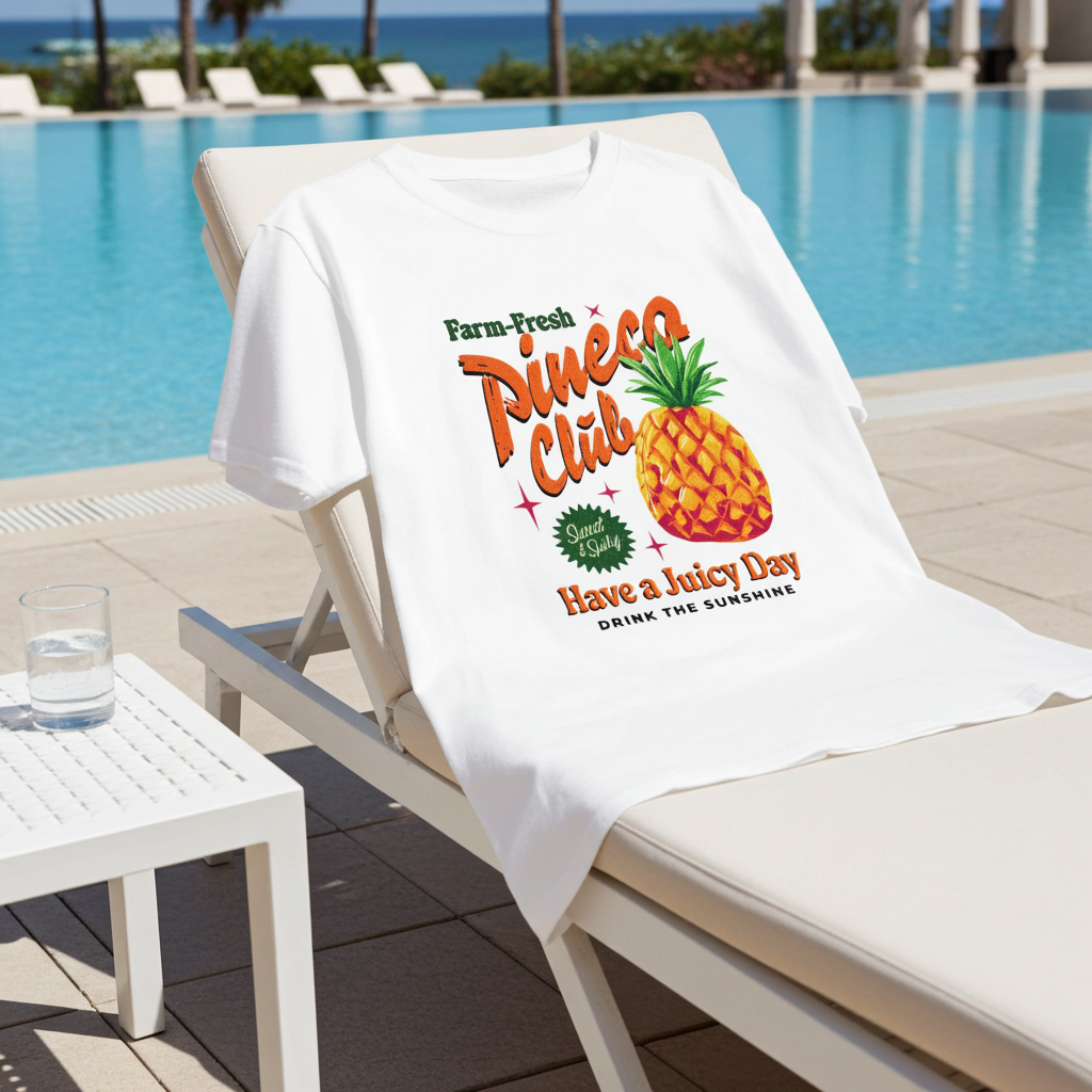 White T-Shirt with Pineco Club logo on a lounge chair by a pool
