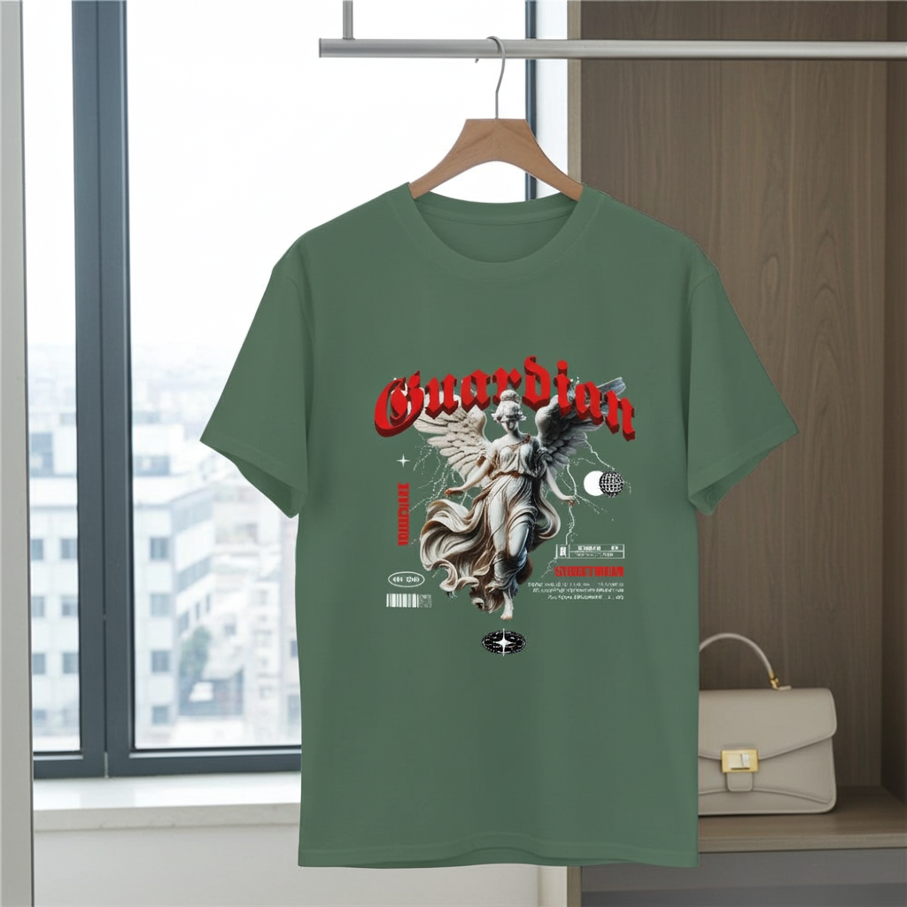 Green t-shirt with graphic design on a hanger in front of a window.