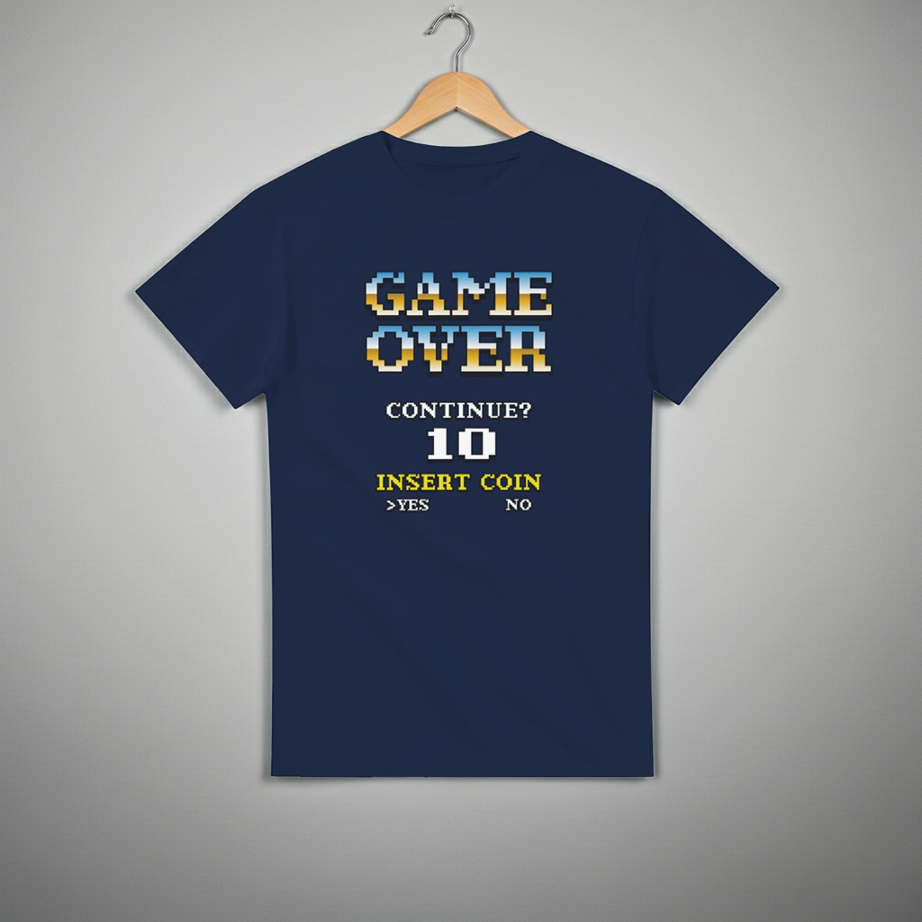 Navy blue t-shirt with retro video game text design on a gray background