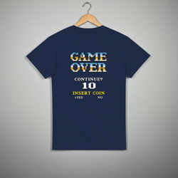 Navy blue t-shirt with retro video game text design on a gray background