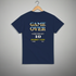 Navy blue t-shirt with retro video game text design on a gray background